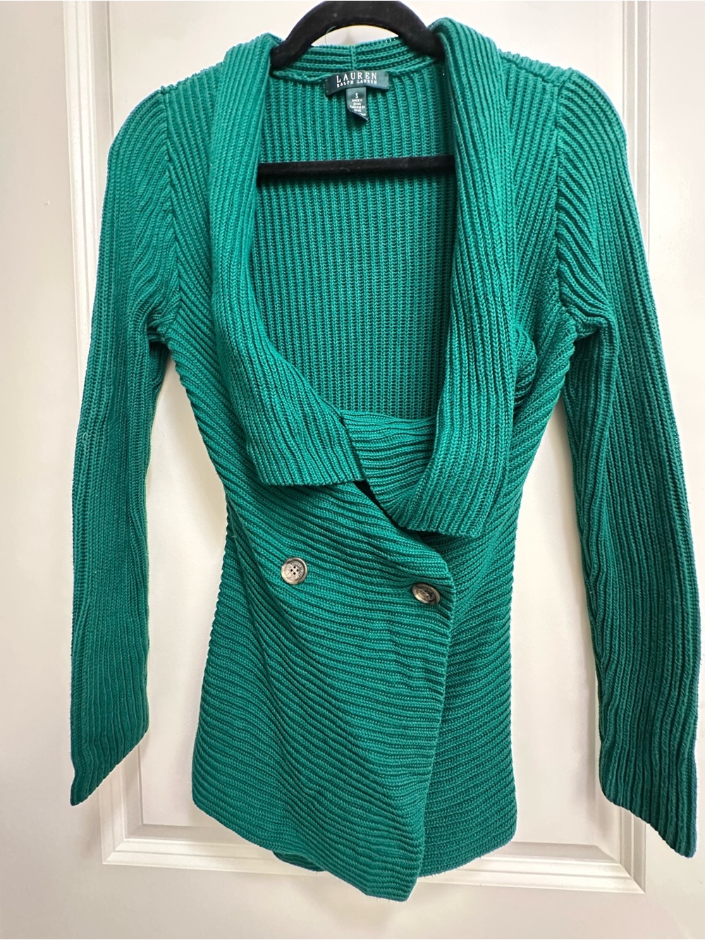 Ralph Lauren 100% Cotton Green Ribbed Shawl-Collar Cardigan - Picture 4 of 6